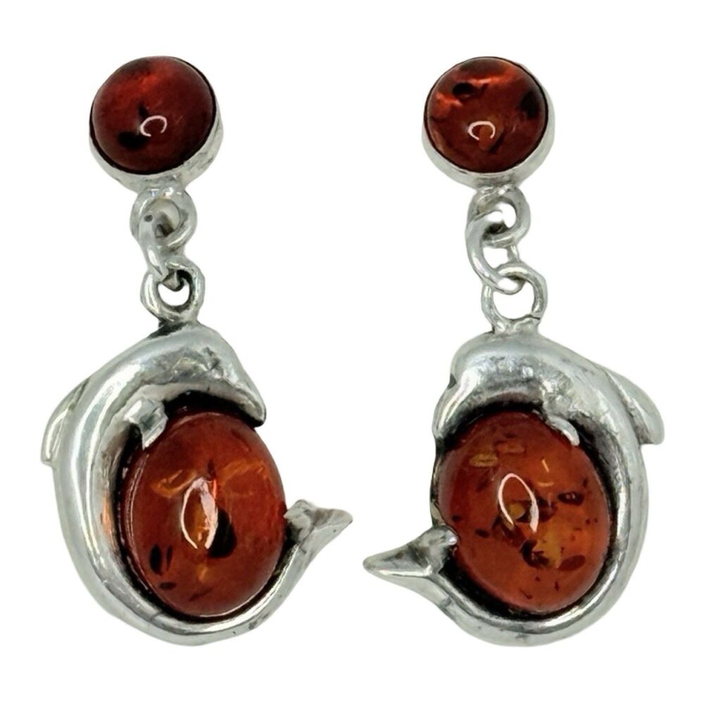 925 Sterling Silver Baltic Honey Amber Dolphin Dangle Drop Earrings Vintage